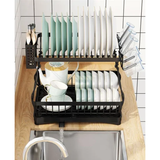 Edényszárító csepegtető tálcával kétszintes fekete (dish-rack-black-5-2-layer-DRB-5-2)  - 4