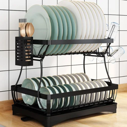 Edényszárító csepegtető tálcával kétszintes fekete (dish-rack-black-5-2-layer-DRB-5-2)  - 5