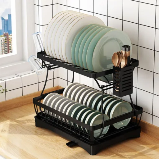 Edényszárító csepegtető tálcával kétszintes fekete (dish-rack-black-5-2-layer-DRB-5-2)  - 7