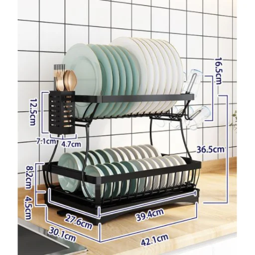 Edényszárító csepegtető tálcával kétszintes fekete (dish-rack-black-5-2-layer-DRB-5-2)  - 8