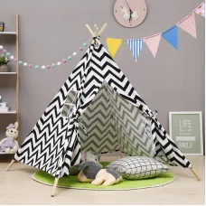 Teepee indián sátor, gyereksátor fekete-fehér (kids-teepee-160-black-white)