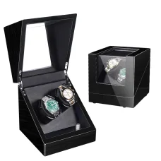 Óraforgató, óratartó doboz 2 karórához fekete színben fekete belsővel (watch box-piano-black-2)