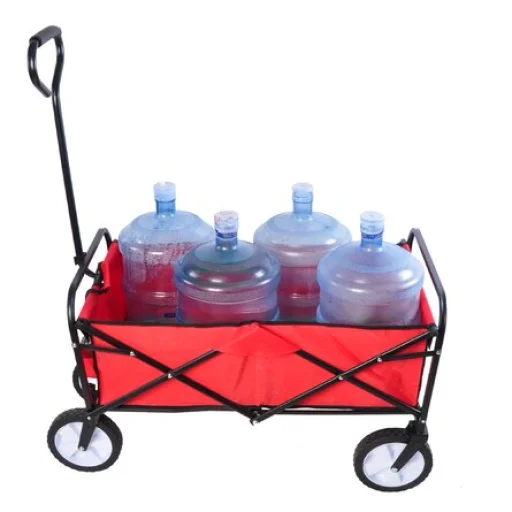 Fém kézikocsi, összecsukható kerti kocsi ponyvával, piros, max. 50kg teherbírás (A01) - 3
