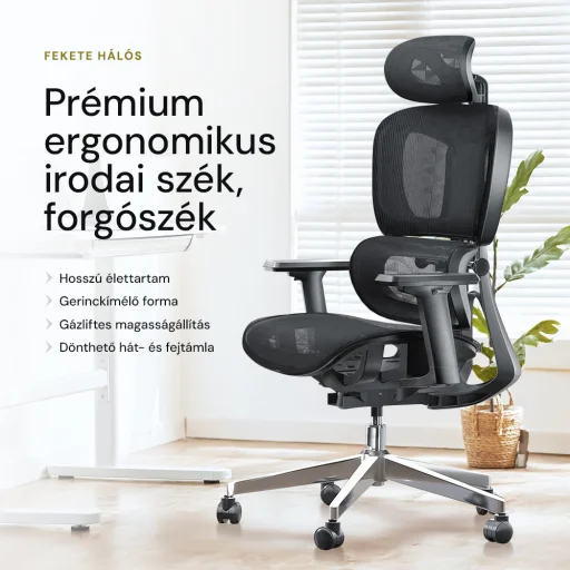 Prémium ergonomikus irodai szék, forgószék, fekete (T03) hálós - 2
