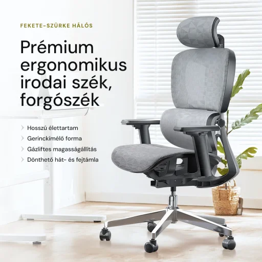 Prémium ergonomikus irodai szék, forgószék, fekete-szürke (T03) hálós - 2