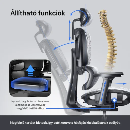 Prémium ergonomikus irodai szék, forgószék, fekete-szürke (T03) hálós - 5