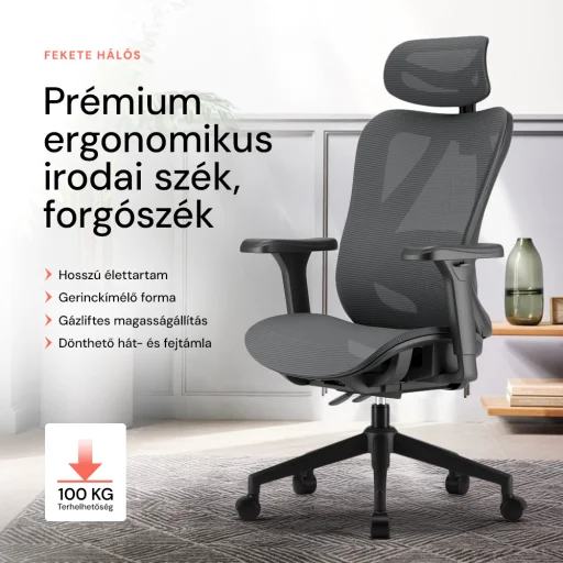 Ergonomikus irodai szék, forgószék, fekete (T15) hálós - 6