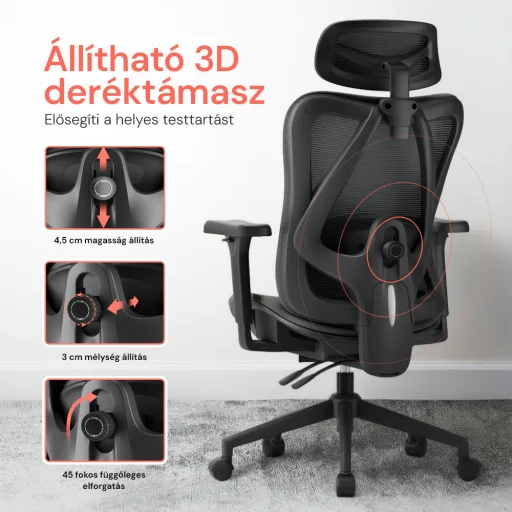 Ergonomikus irodai szék, forgószék, fekete (T15) hálós - 2