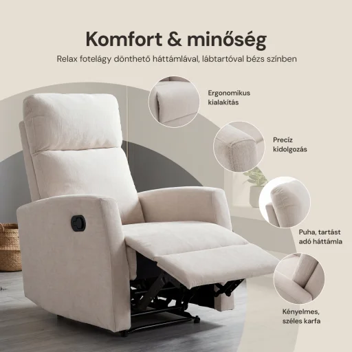Fekvőfotel, relax fotelágy dönthető háttámlával, lábtartóval bézs zsenília szövet (JN-R8120A51-BEIGE) - 3