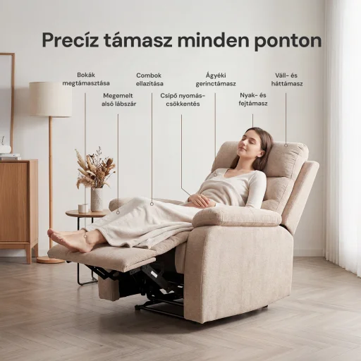 Fekvőfotel, relax fotelágy dönthető háttámlával, lábtartóval bézs zsenília szövet (JN-R8120A51-BEIGE) - 4