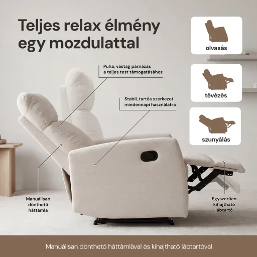 Fekvőfotel, relax fotelágy dönthető háttámlával, lábtartóval bézs zsenília szövet (JN-R8120A51-BEIGE) - 5