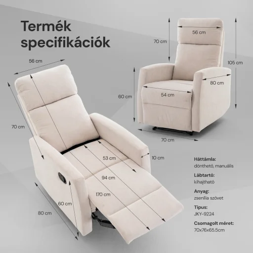 Fekvőfotel, relax fotelágy dönthető háttámlával, lábtartóval bézs zsenília szövet (JN-R8120A51-BEIGE) - 6