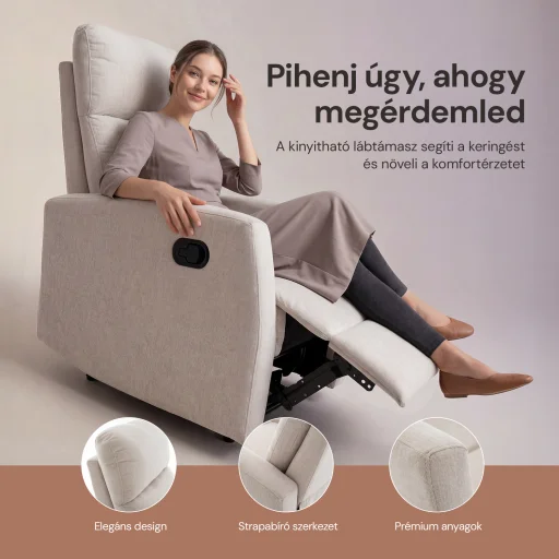 Fekvőfotel, relax fotelágy dönthető háttámlával, lábtartóval bézs zsenília szövet (JN-R8120A51-BEIGE) - 7