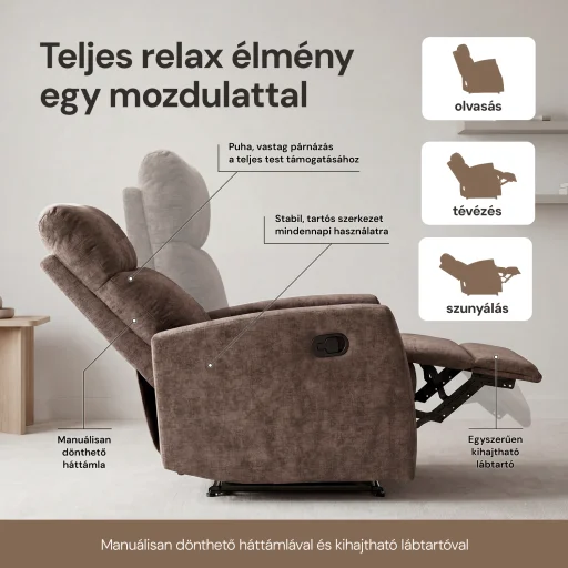 Fekvőfotel, relax fotelágy dönthető háttámlával, lábtartóval barna zsenília szövet (JN-R8120A51) DARK BROWN) - 3