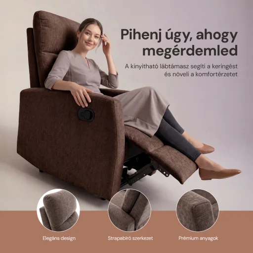 Fekvőfotel, relax fotelágy dönthető háttámlával, lábtartóval barna zsenília szövet (JN-R8120A51) DARK BROWN) - 5