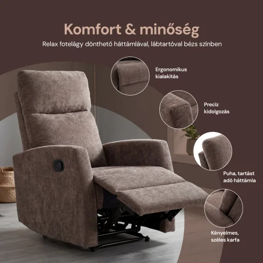 Fekvőfotel, relax fotelágy dönthető háttámlával, lábtartóval barna zsenília szövet (JN-R8120A51) DARK BROWN) - 6
