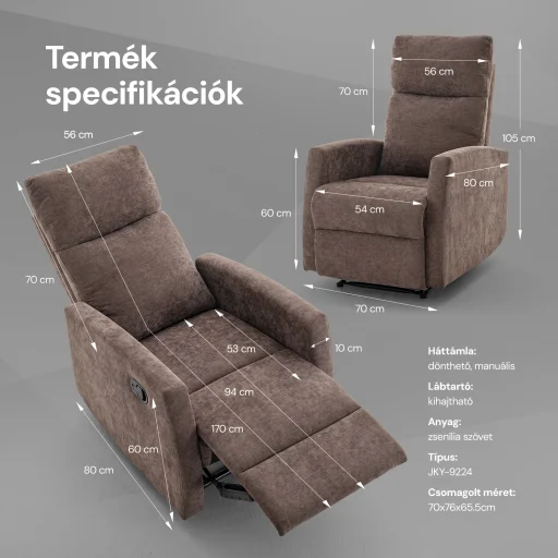 Fekvőfotel, relax fotelágy dönthető háttámlával, lábtartóval barna zsenília szövet (JN-R8120A51) DARK BROWN) - 7