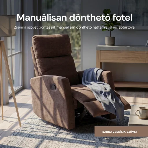 Fekvőfotel, relax fotelágy dönthető háttámlával, lábtartóval barna zsenília szövet (JN-R8120A51) DARK BROWN) - 2