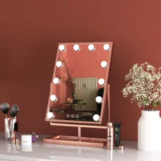 Hollywood tükör, asztali sminkes tükör tárolóval, 12x3W LED sminktükör, rozéarany, rose gold (DC117-4)
