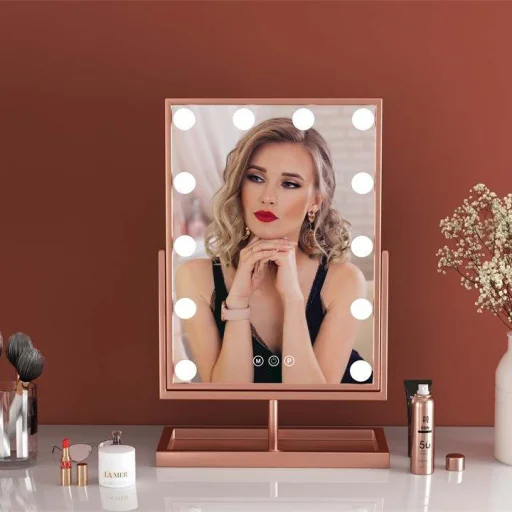 Hollywood tükör, asztali sminkes tükör tárolóval, 12x3W LED sminktükör, rozéarany, rose gold (DC117-4) - 11