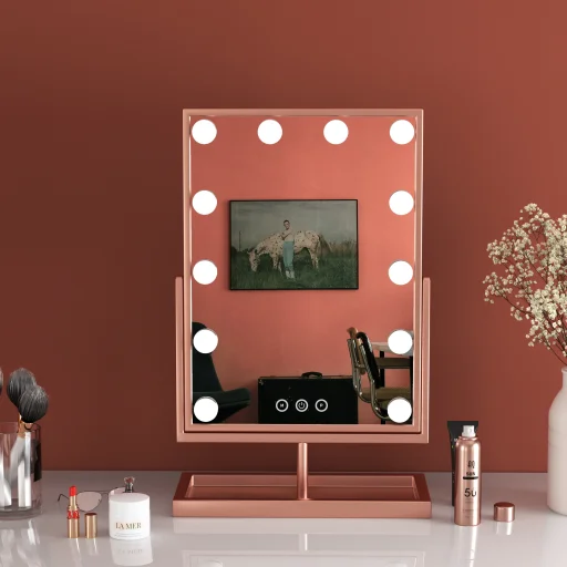 Hollywood tükör, asztali sminkes tükör tárolóval, 12x3W LED sminktükör, rozéarany, rose gold (DC117-4) - 3