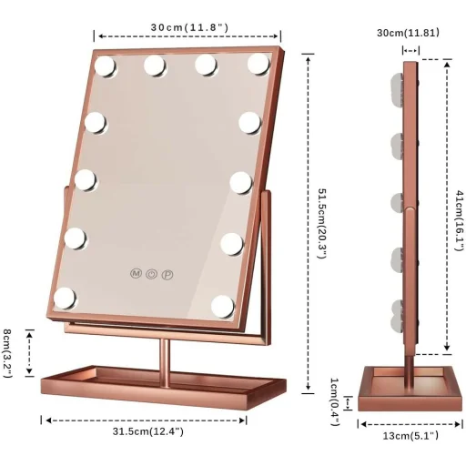 Hollywood tükör, asztali sminkes tükör tárolóval, 12x3W LED sminktükör, rozéarany, rose gold (DC117-4) - 6