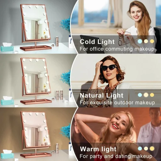 Hollywood tükör, asztali sminkes tükör tárolóval, 12x3W LED sminktükör, rozéarany, rose gold (DC117-4) - 8
