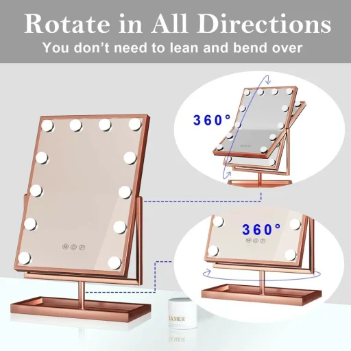 Hollywood tükör, asztali sminkes tükör tárolóval, 12x3W LED sminktükör, rozéarany, rose gold (DC117-4) - 9