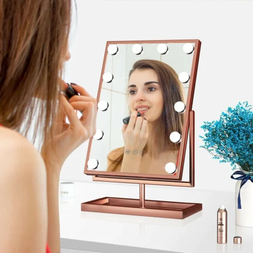 Hollywood tükör, asztali sminkes tükör tárolóval, 12x3W LED sminktükör, rozéarany, rose gold (DC117-4) - 10