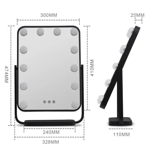 Hollywood tükör, sminkes tükör fekete 12x3W (DP330A) - 4