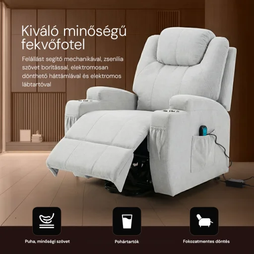 Felállást segítő relax elektromos fotelágy motoros mechanizmus szövet bézs, pohártartóval - 4