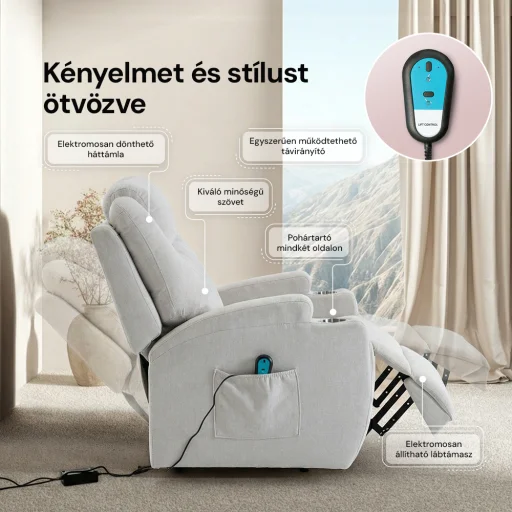 Felállást segítő relax elektromos fotelágy motoros mechanizmus szövet bézs, pohártartóval - 5