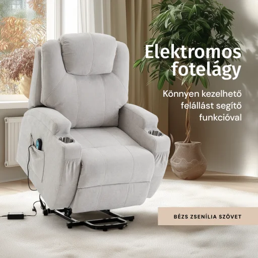 Felállást segítő relax elektromos fotelágy motoros mechanizmus szövet bézs, pohártartóval - 2