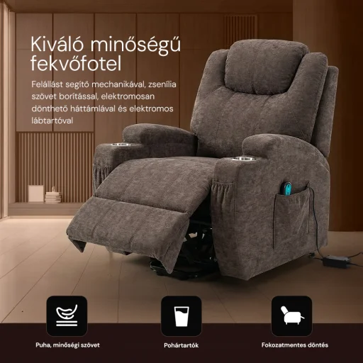 Felállást segítő elektromos relax fotelágy motoros mechanizmus szövet sötétbarna, pohártartóval - 4