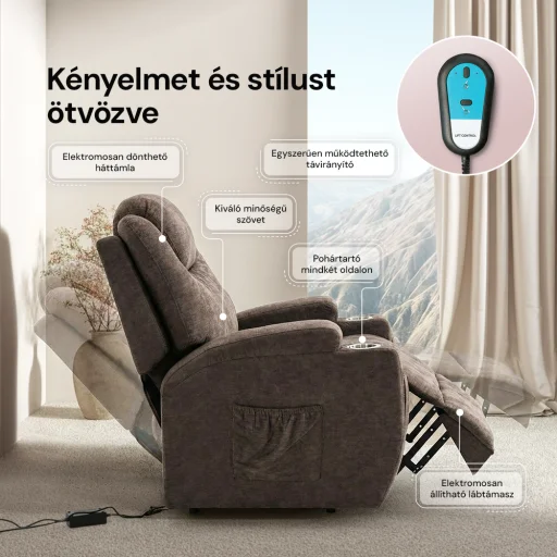 Felállást segítő elektromos relax fotelágy motoros mechanizmus szövet sötétbarna, pohártartóval - 5