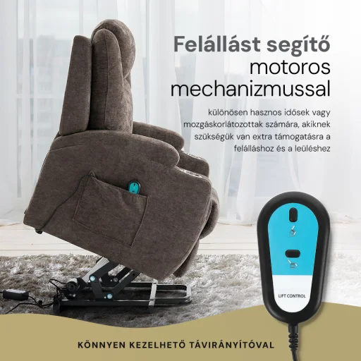 Felállást segítő elektromos relax fotelágy motoros mechanizmus szövet sötétbarna, pohártartóval - 6