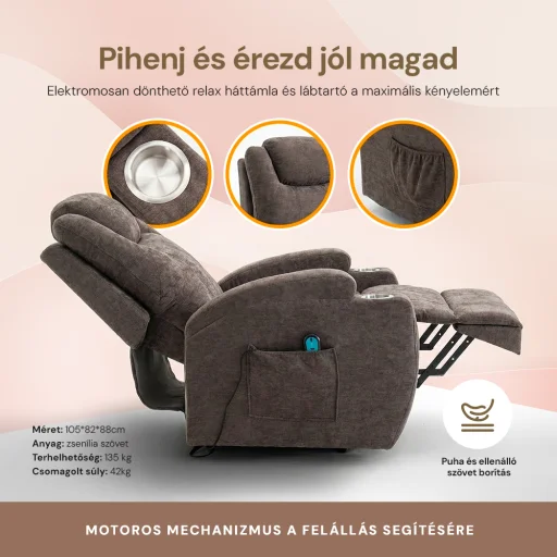 Felállást segítő elektromos relax fotelágy motoros mechanizmus szövet sötétbarna, pohártartóval - 3