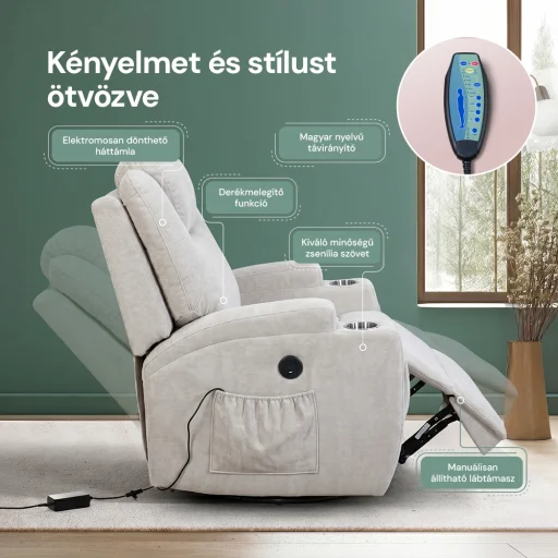 Elektromos relax fotelágy 8 pontos masszázs magyar nyelvű távirányítóval, ringató, forgatható rozsdamentes pohártartó zsenília szövet bézs - 4