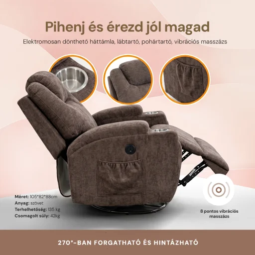 Elektromos relax fotelágy 8 pontos masszázs magyar nyelvű távirányítóval, ringató, forgatható rozsdamentes pohártartó zsenília szövet barna - 4