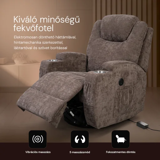 Elektromos relax fotelágy 8 pontos masszázs magyar nyelvű távirányítóval, ringató, forgatható rozsdamentes pohártartó zsenília szövet barna - 5