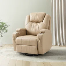 Elektromos fekvőfotel, relax fotelágy 8 pontos masszázs magyar nyelvű távirányítóval, ringató, forgatható, rozsdamentes pohártartó AIR leather bézs