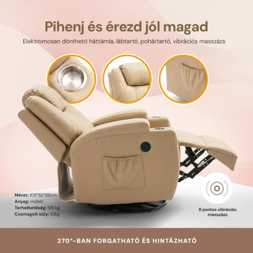 Elektromos fekvőfotel, relax fotelágy 8 pontos masszázs magyar nyelvű távirányítóval, ringató, forgatható, rozsdamentes pohártartó AIR leather bézs - 3