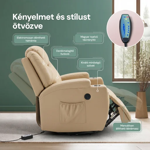 Elektromos fekvőfotel, relax fotelágy 8 pontos masszázs magyar nyelvű távirányítóval, ringató, forgatható, rozsdamentes pohártartó AIR leather bézs - 4