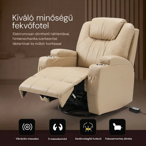 Elektromos fekvőfotel, relax fotelágy 8 pontos masszázs magyar nyelvű távirányítóval, ringató, forgatható, rozsdamentes pohártartó AIR leather bézs - 5