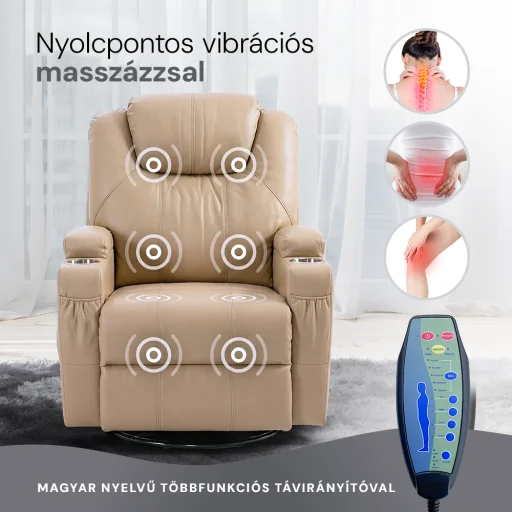 Elektromos fekvőfotel, relax fotelágy 8 pontos masszázs magyar nyelvű távirányítóval, ringató, forgatható, rozsdamentes pohártartó AIR leather bézs - 6