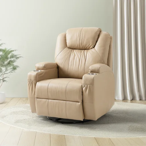 Elektromos fekvőfotel, relax fotelágy 8 pontos masszázs magyar nyelvű távirányítóval, ringató, forgatható, rozsdamentes pohártartó AIR leather bézs - 1