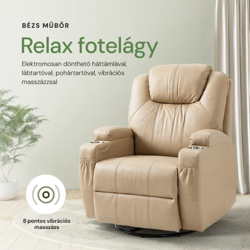 Elektromos fekvőfotel, relax fotelágy 8 pontos masszázs magyar nyelvű távirányítóval, ringató, forgatható, rozsdamentes pohártartó AIR leather bézs - 2