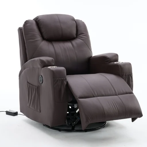 Elektromos fekvőfotel, relax fotelágy 8 pontos masszázs magyar nyelvű távirányítóval, ringató, forgatható rozsdamentes pohártartó AIR leather sötétbarna - 13