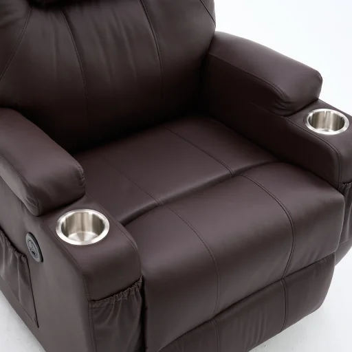 Elektromos fekvőfotel, relax fotelágy 8 pontos masszázs magyar nyelvű távirányítóval, ringató, forgatható rozsdamentes pohártartó AIR leather sötétbarna - 17