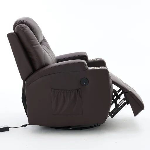 Elektromos fekvőfotel, relax fotelágy 8 pontos masszázs magyar nyelvű távirányítóval, ringató, forgatható rozsdamentes pohártartó AIR leather sötétbarna - 18